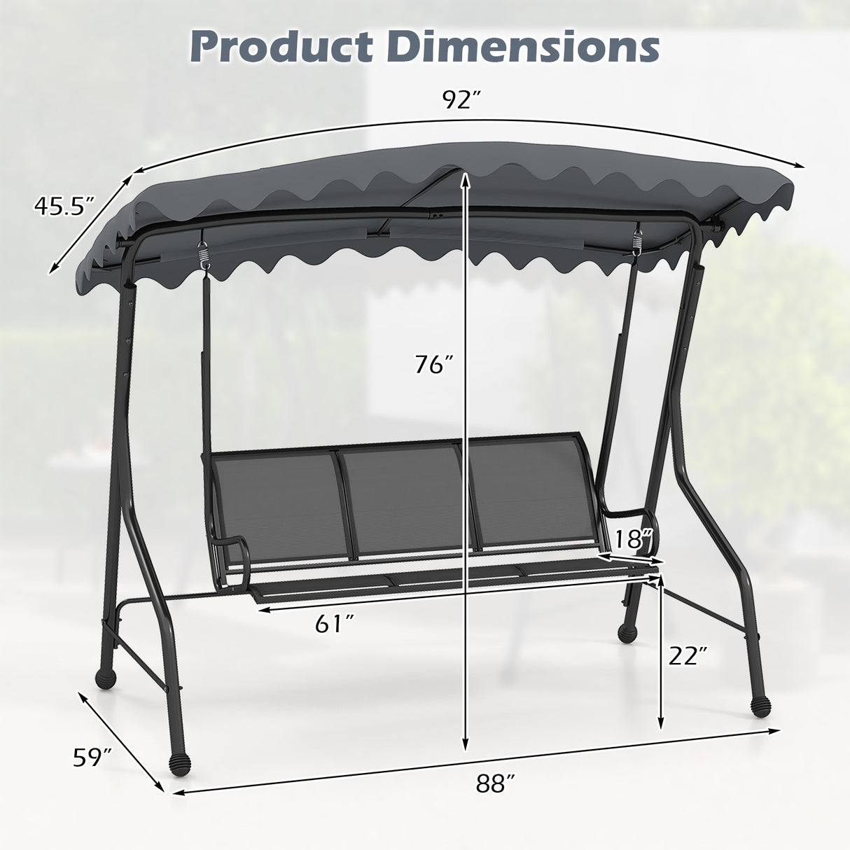 3-Seat Outdoor Porch Canopy Swing with Adjustable Shading