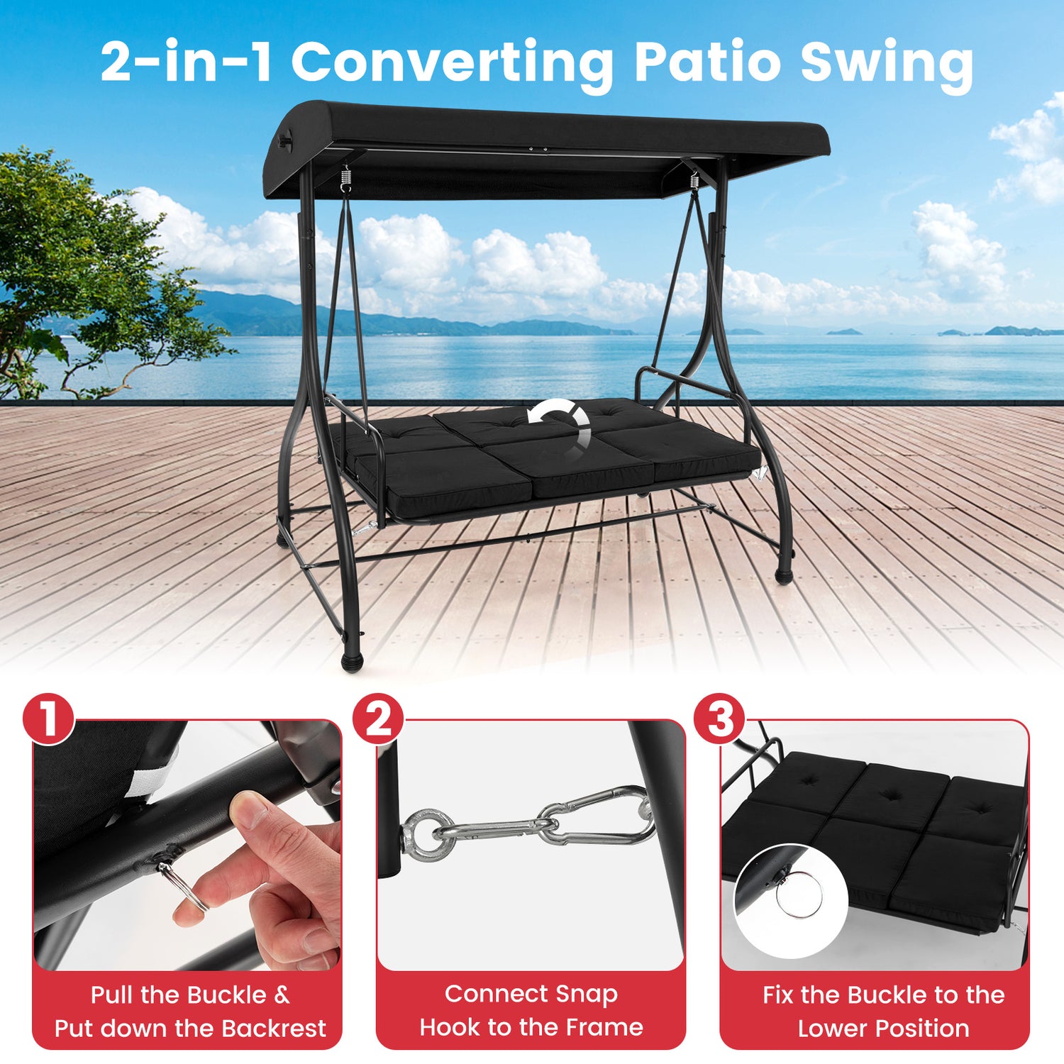 3 Seat Outdoor Porch Swing with Adjustable Canopy