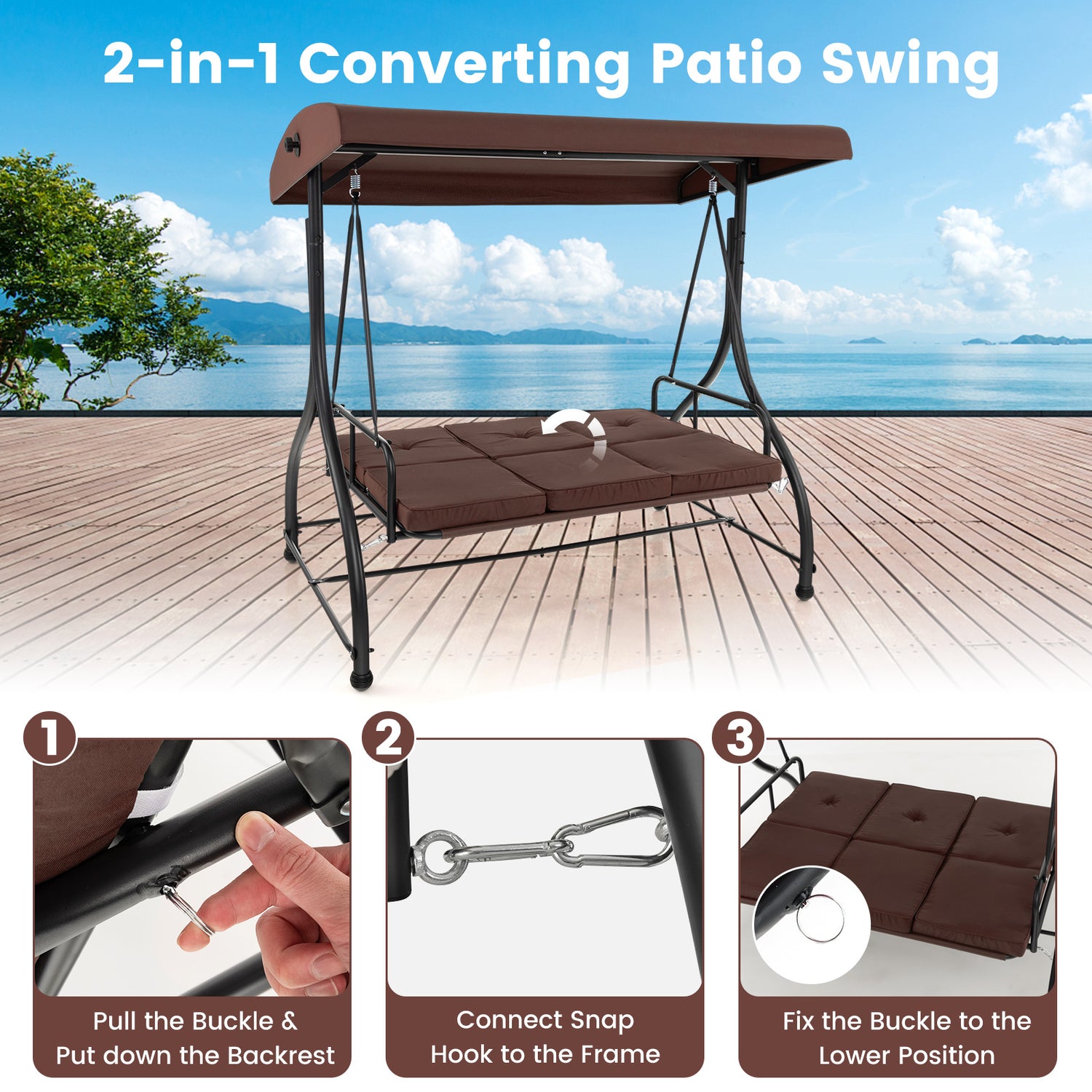 3 Seat Outdoor Porch Swing with Adjustable Canopy