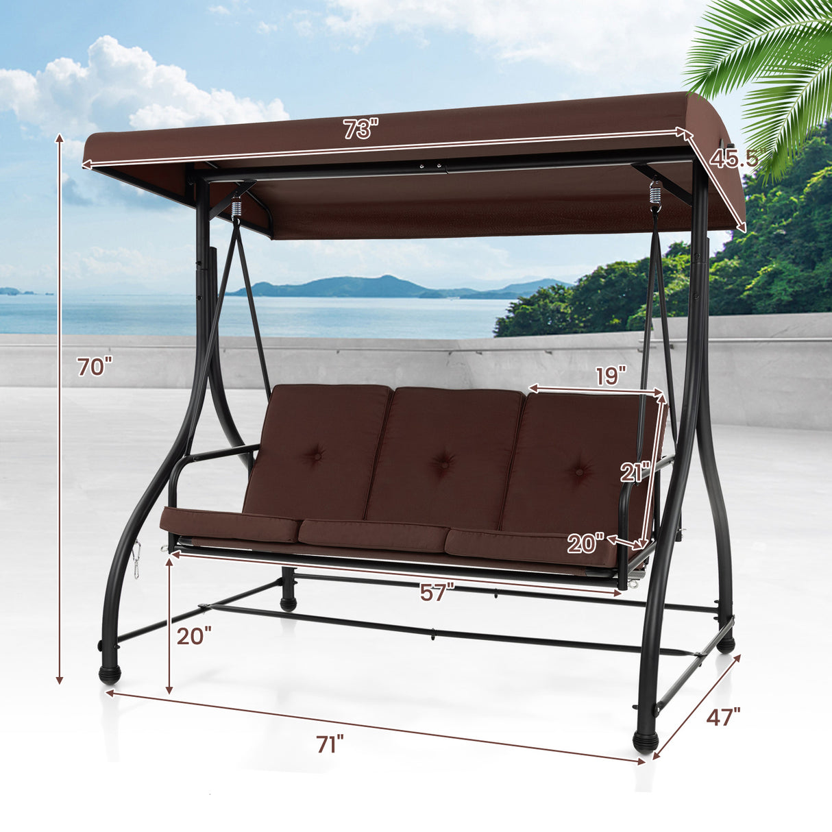 3 Seat Outdoor Porch Swing with Adjustable Canopy