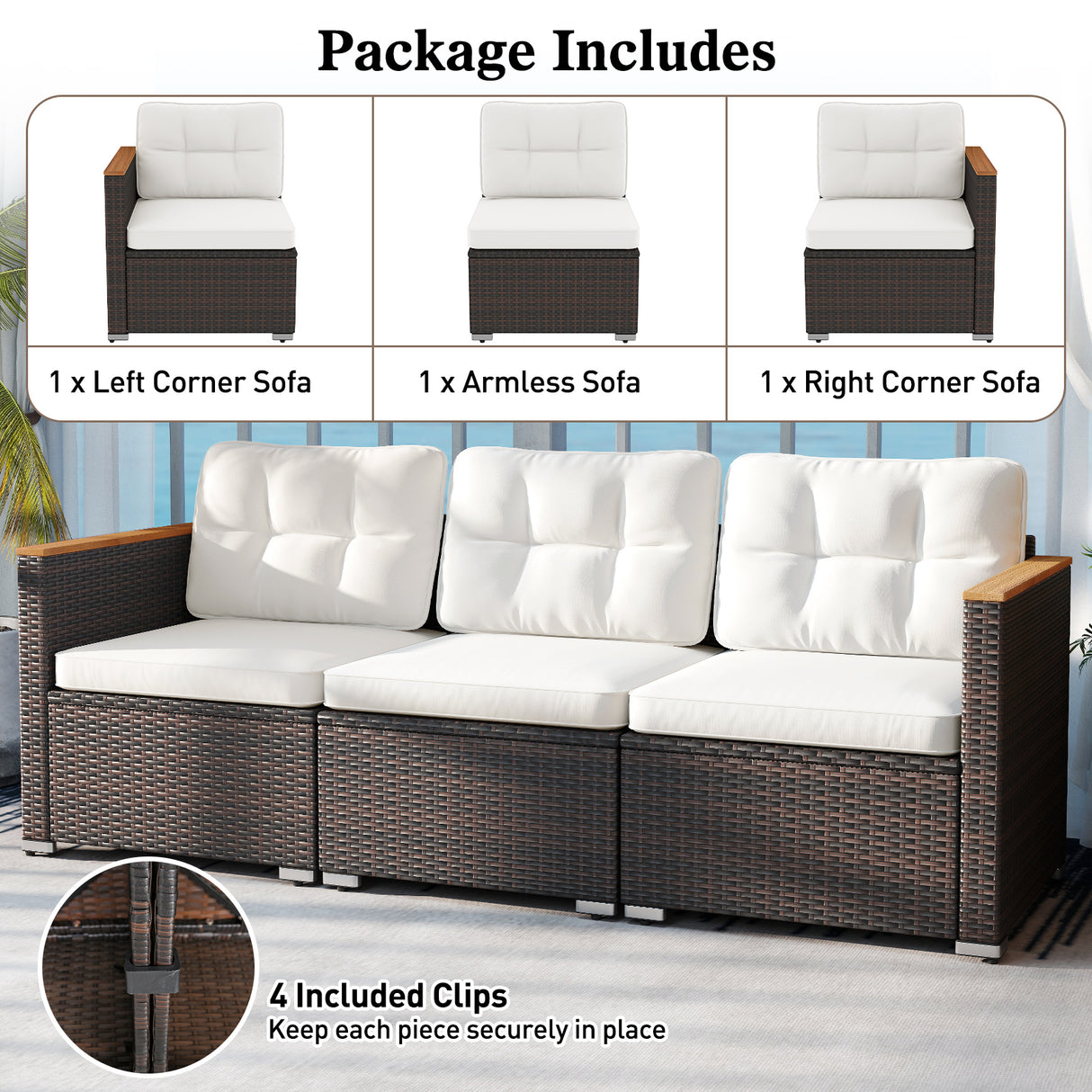 3-Seat Patio Couch Sofa with Deep Seating and Cushion-White