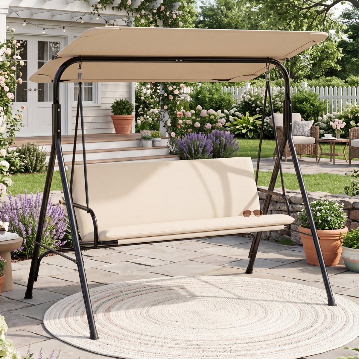 3-Seat Patio Swing Chair with Adjustable Canopy & Removable Cushion
