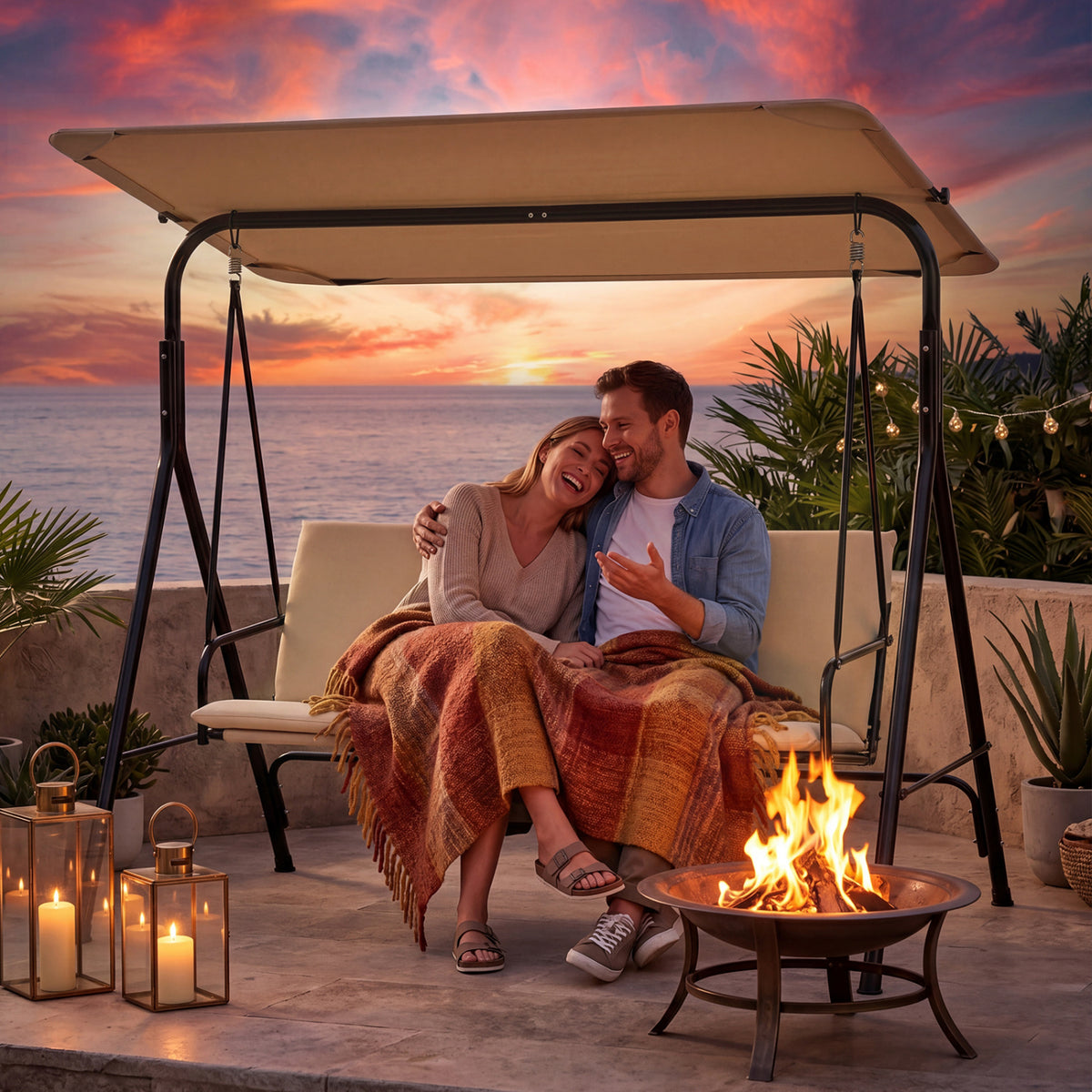 3-Seat Patio Swing Chair with Adjustable Canopy & Removable Cushion