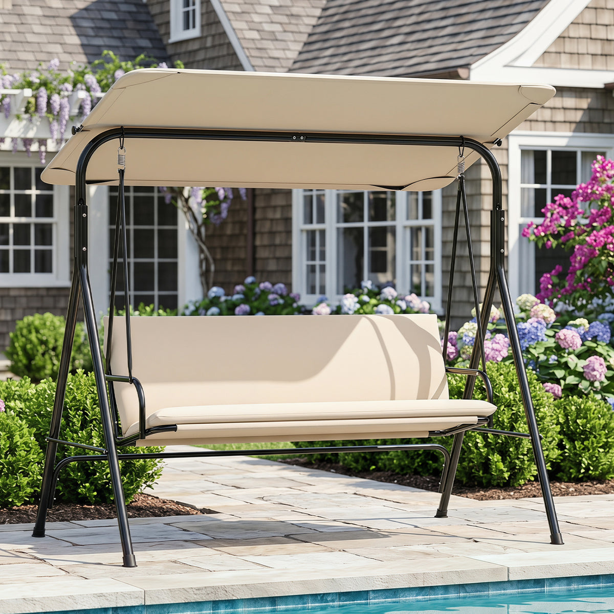 3-Seat Patio Swing Chair with Adjustable Canopy & Removable Cushion