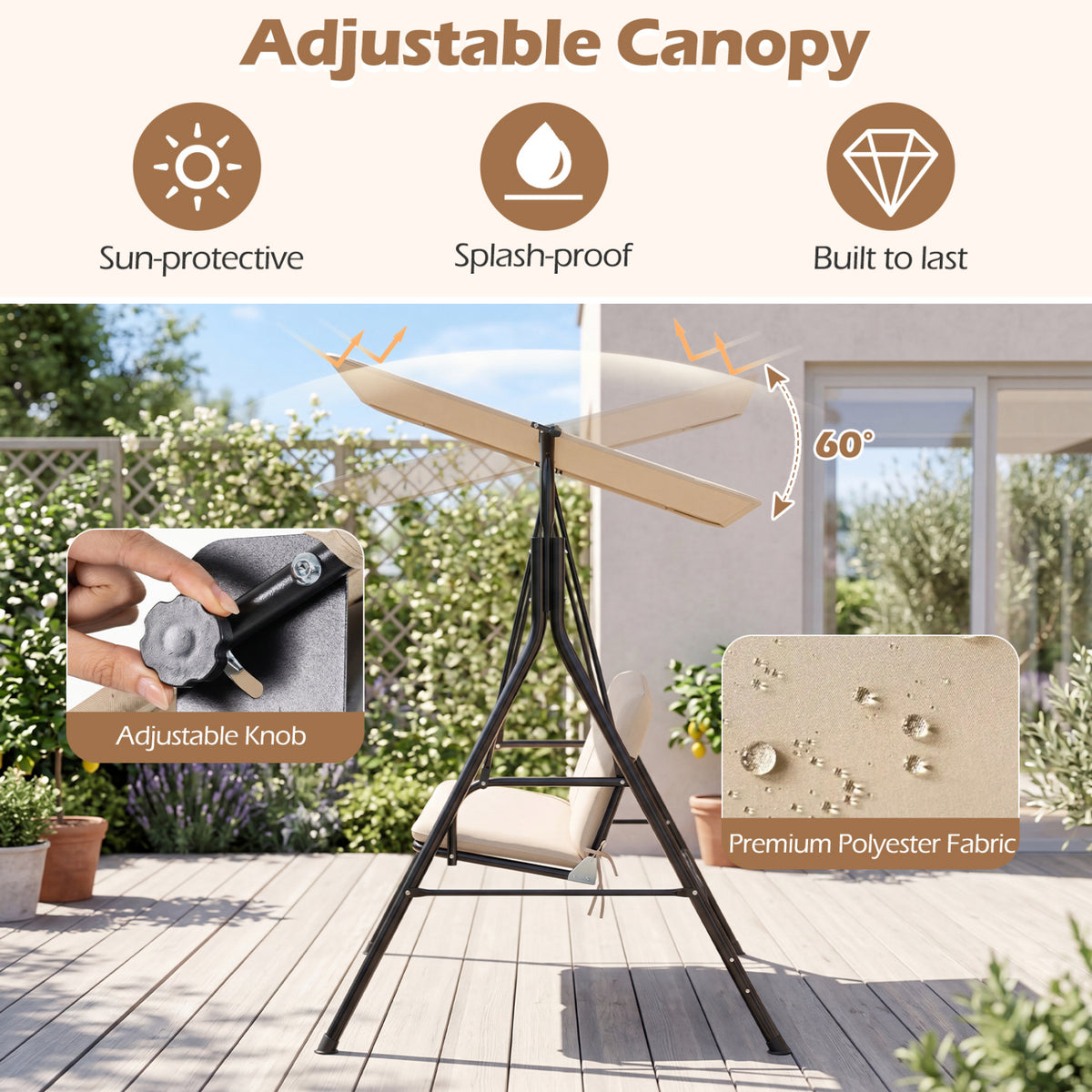 3-Seat Patio Swing Chair with Adjustable Canopy & Removable Cushion