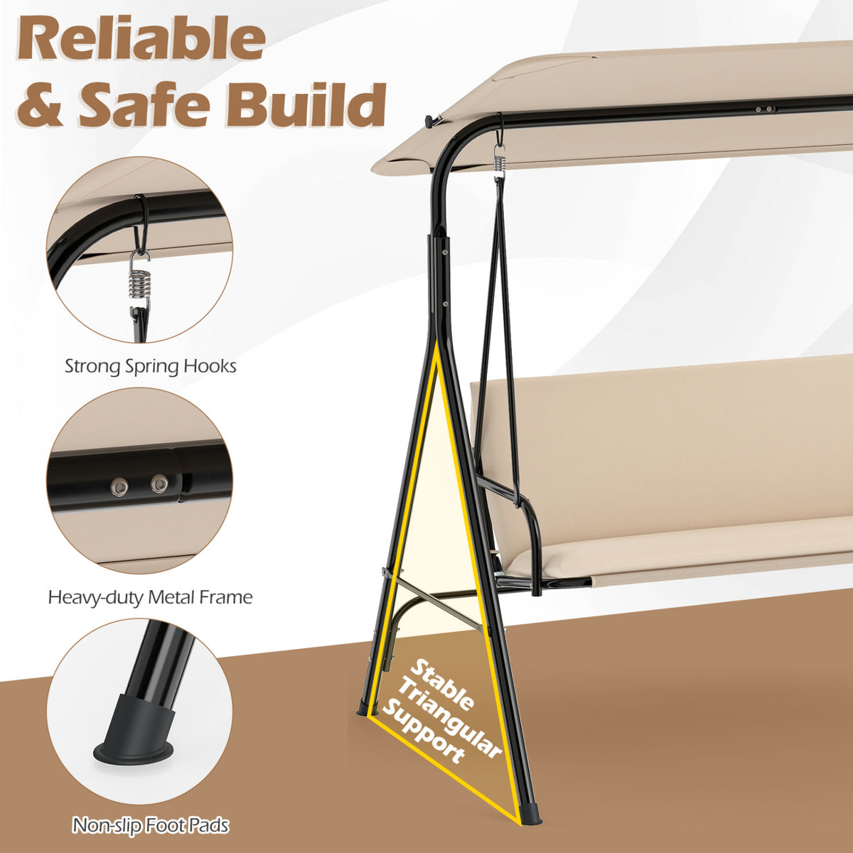 3-Seat Patio Swing Chair with Adjustable Canopy & Removable Cushion