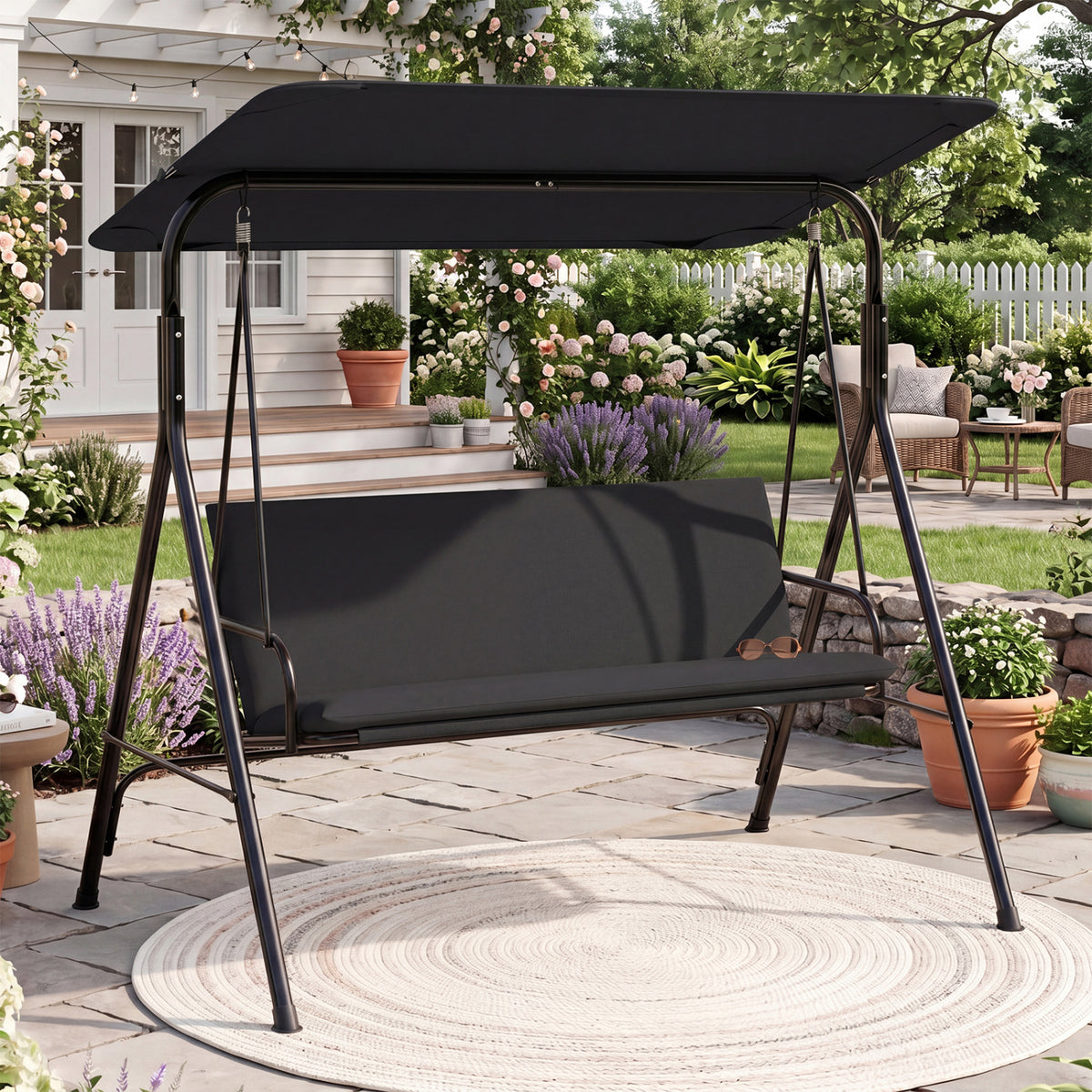 3-Seat Patio Swing Chair with Adjustable Canopy & Removable Cushion