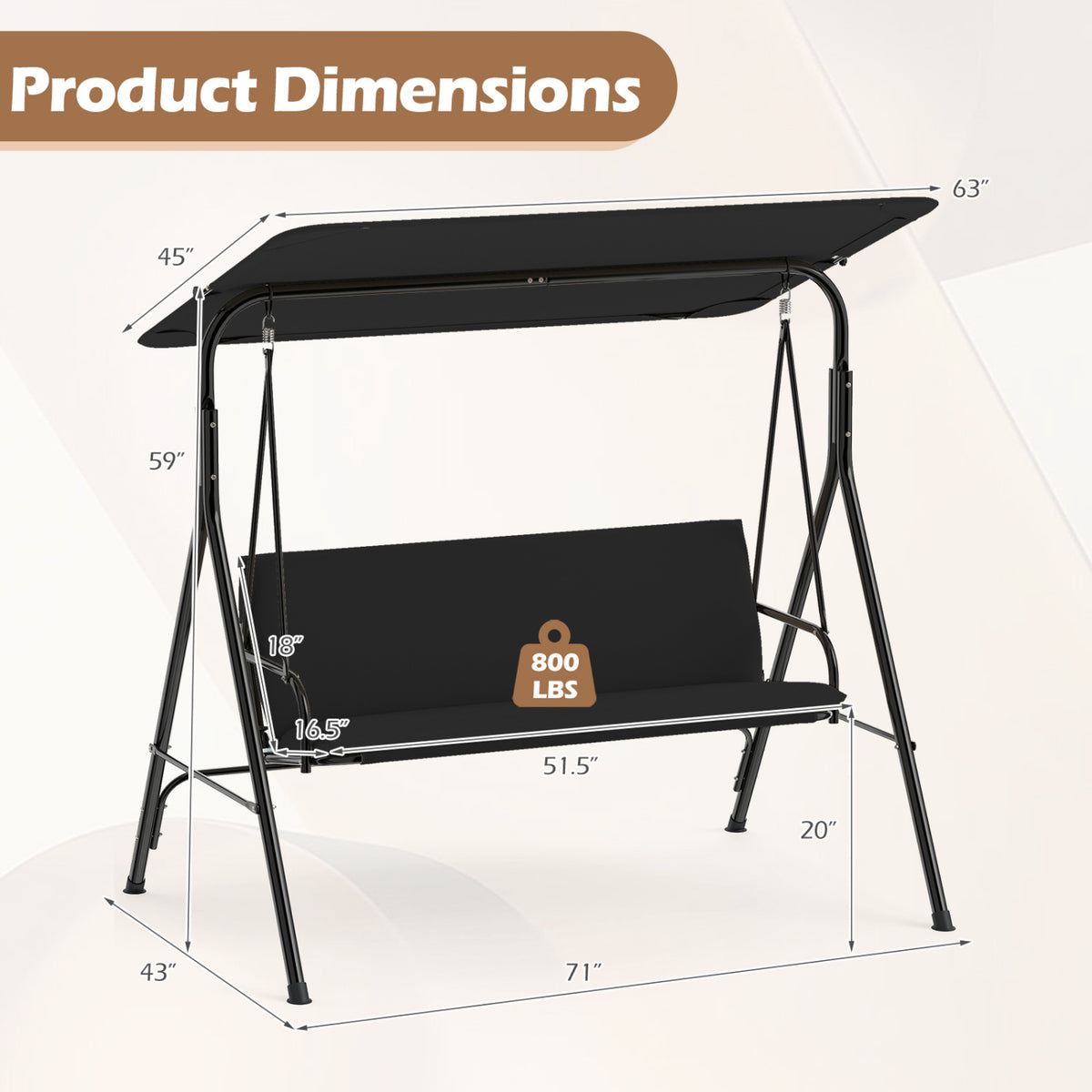 3-Seat Patio Swing Chair with Adjustable Canopy & Removable Cushion