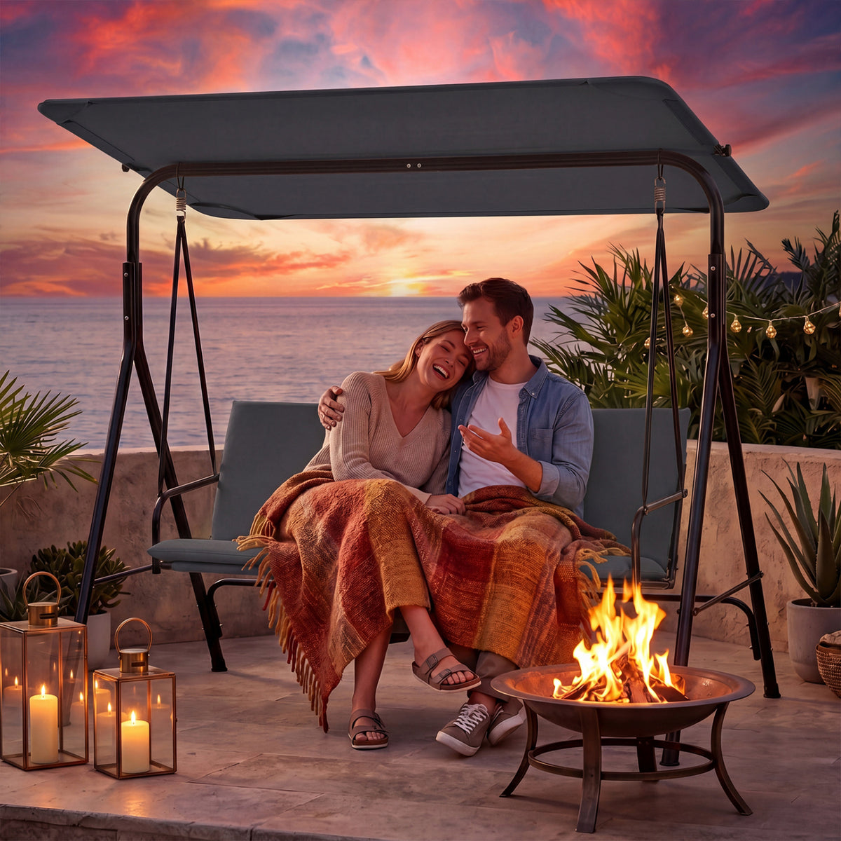 3-Seat Patio Swing Chair with Adjustable Canopy & Removable Cushion