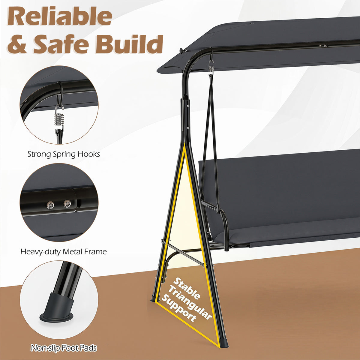 3-Seat Patio Swing Chair with Adjustable Canopy & Removable Cushion