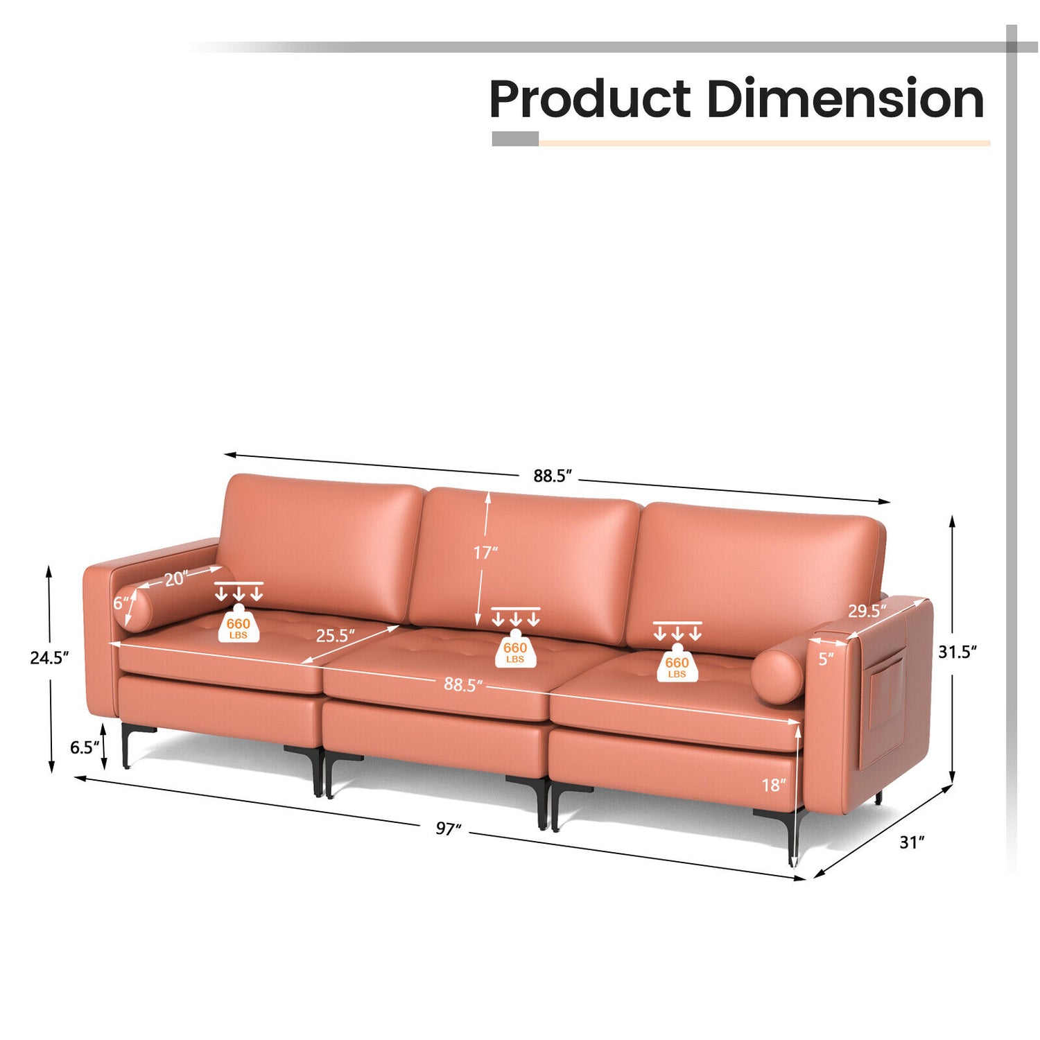3-Seat Sofa Sectional with Side Storage Pocket and Metal Leg-3