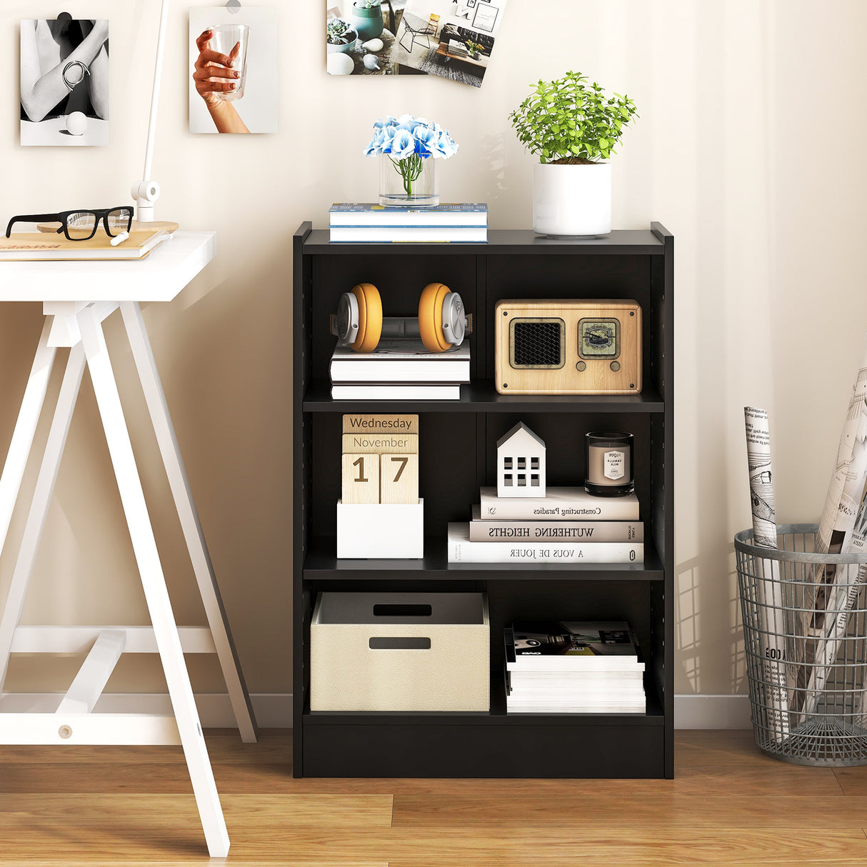 3-Tier Bookcase Open Display Rack Cabinet with Adjustable Shelves