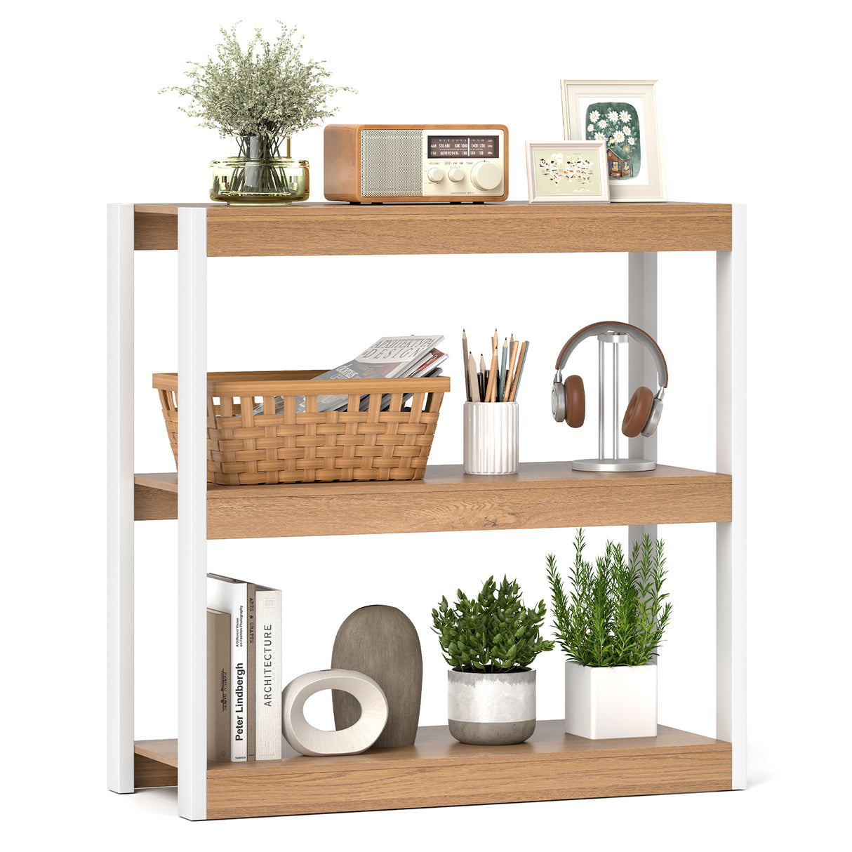 3 Tier Bookshelf Wooden Bookcase with Dual Anti-Tipping Kits