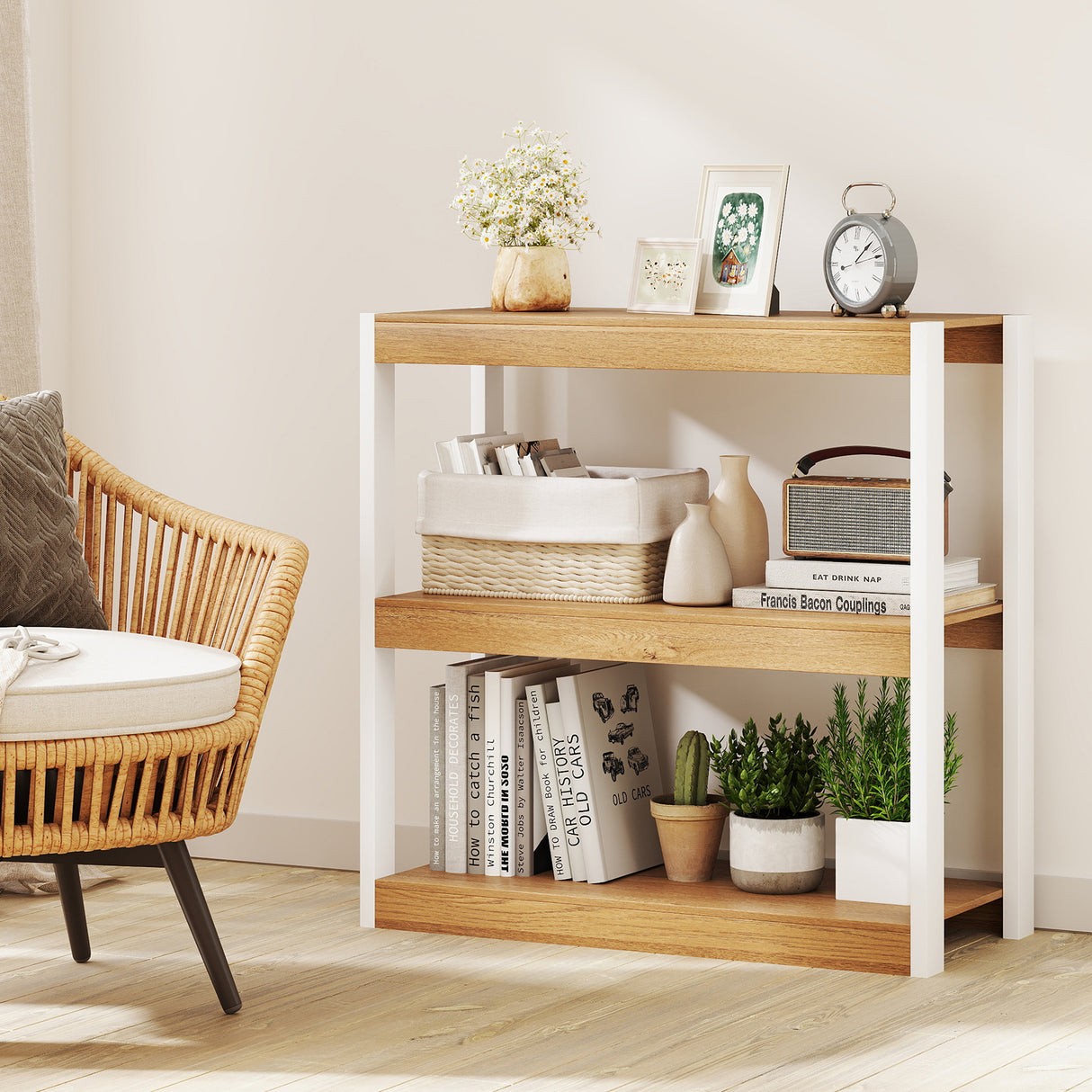 3 Tier Bookshelf Wooden Bookcase with Dual Anti-Tipping Kits