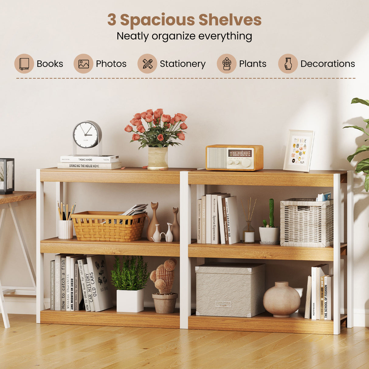 3 Tier Bookshelf Wooden Bookcase with Dual Anti-Tipping Kits