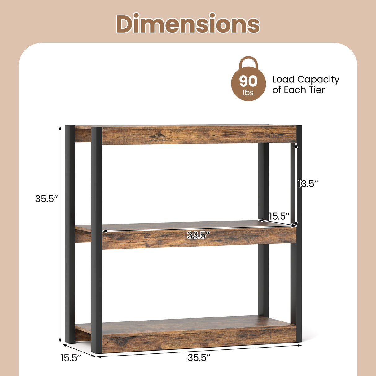 3 Tier Bookshelf Wooden Bookcase with Dual Anti-Tipping Kits