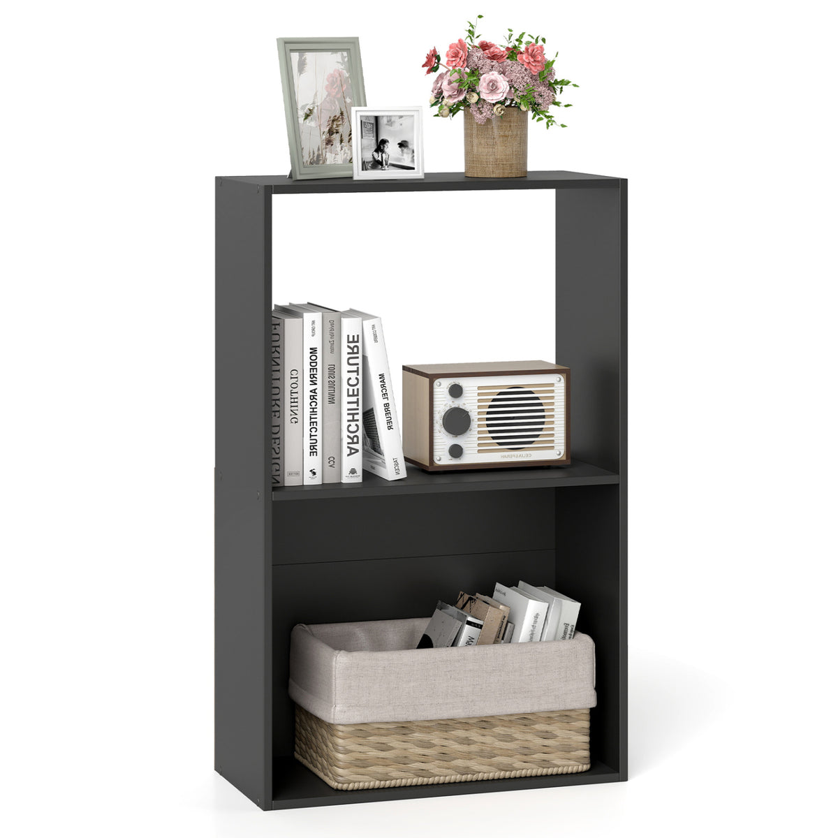 3-Tier Bookshelf with Open Storage Compartment and Freestanding Display Shelf