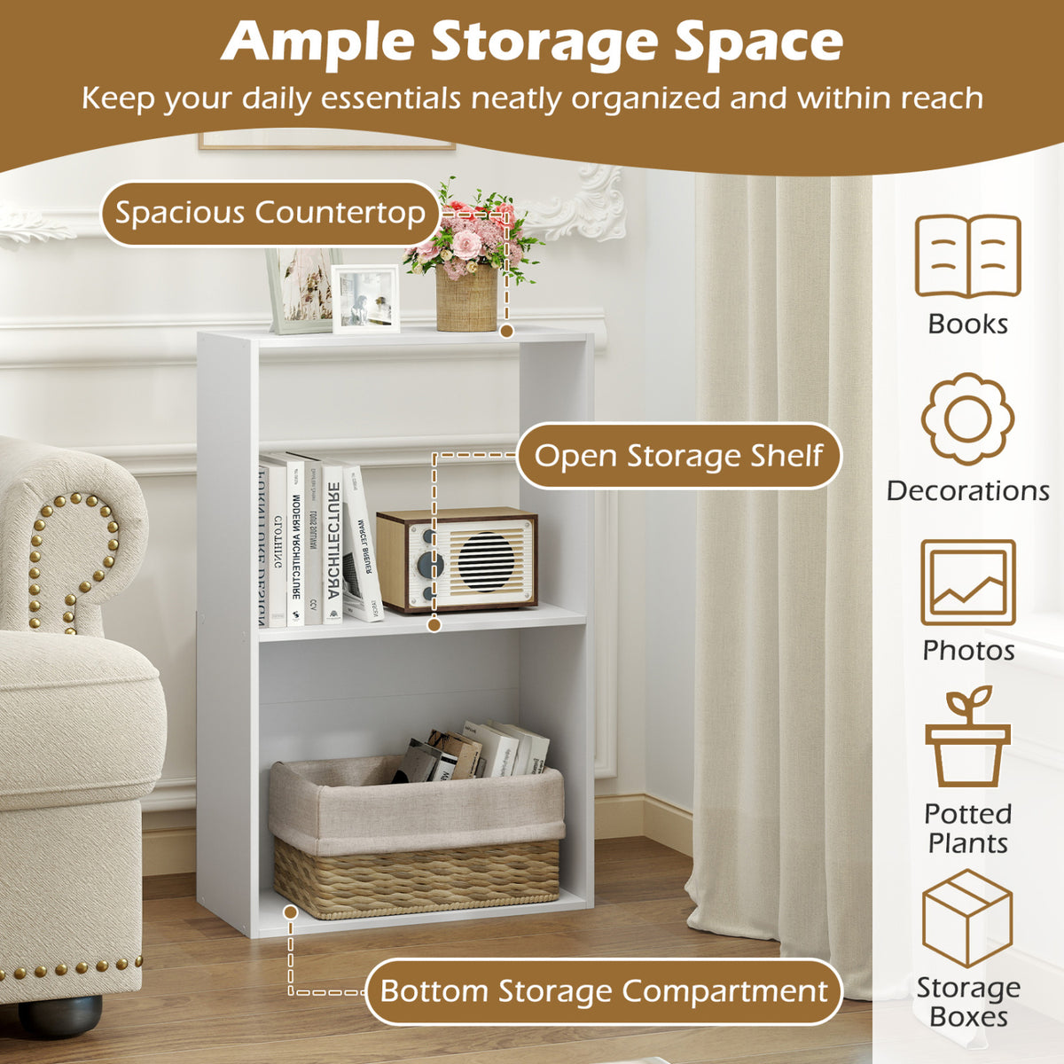 3-Tier Bookshelf with Open Storage Compartment and Freestanding Display Shelf