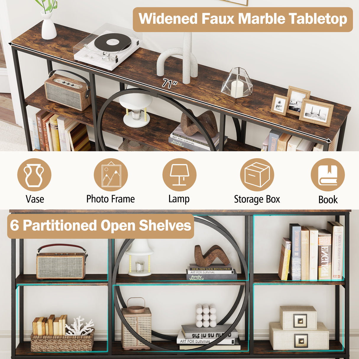 3-Tier Console Table with Faux Marble Top and Storage Shelves for Hallway Living Room