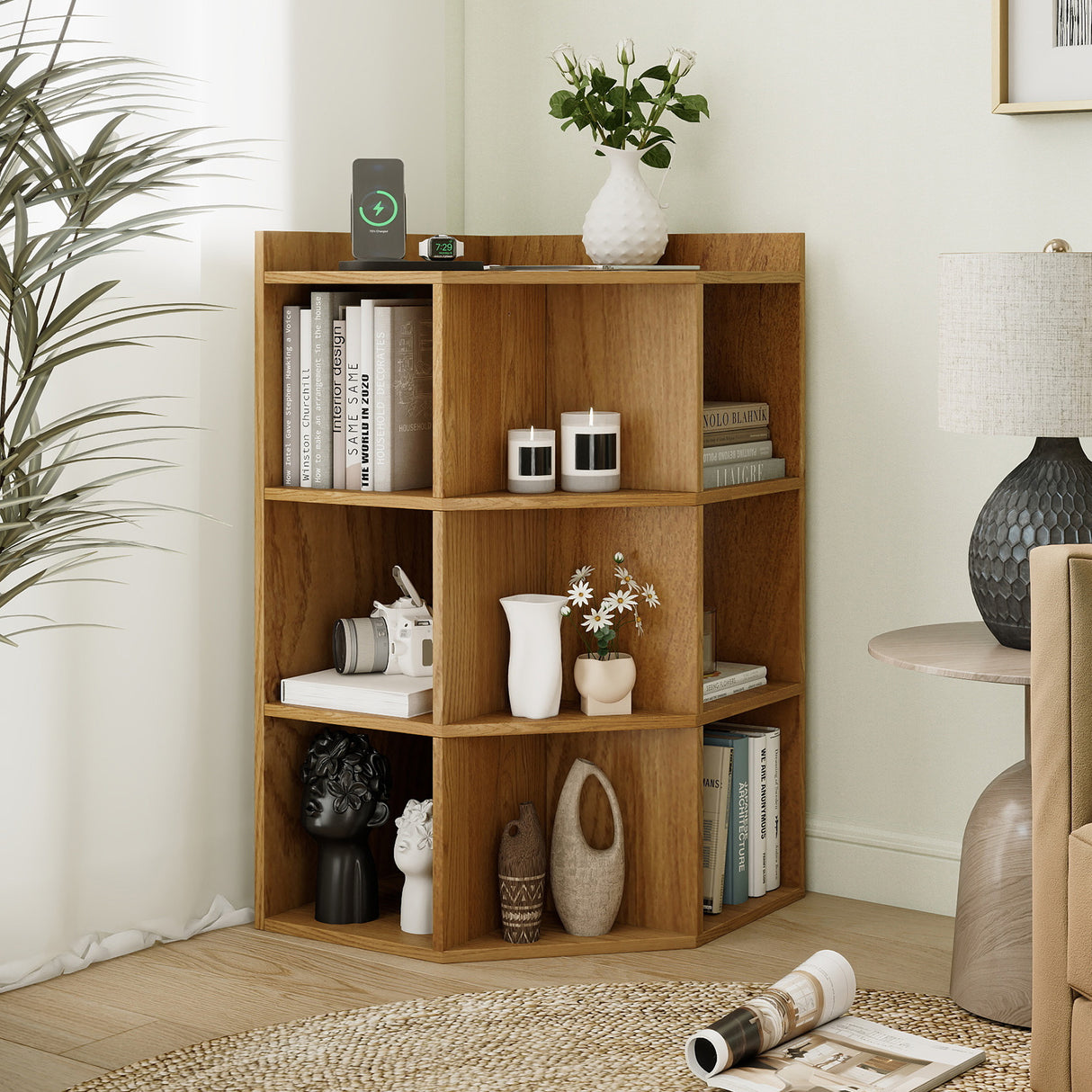 3-Tier Corner Cabinet with Charging Station for Bedroom