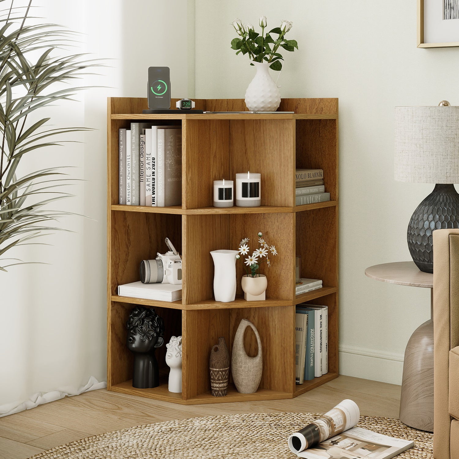 3-Tier Corner Cabinet with Charging Station for Bedroom