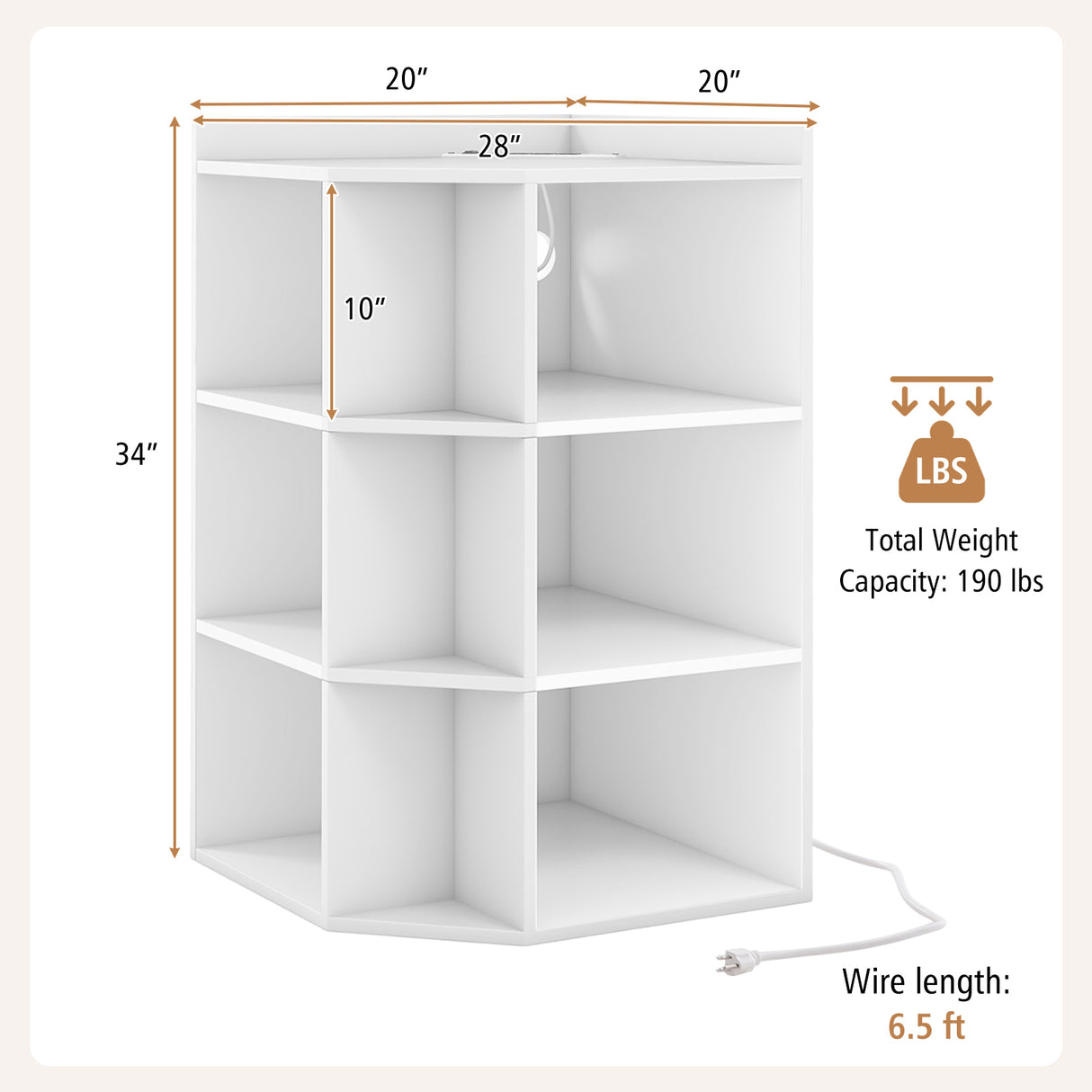3-Tier Corner Cabinet with Charging Station for Bedroom