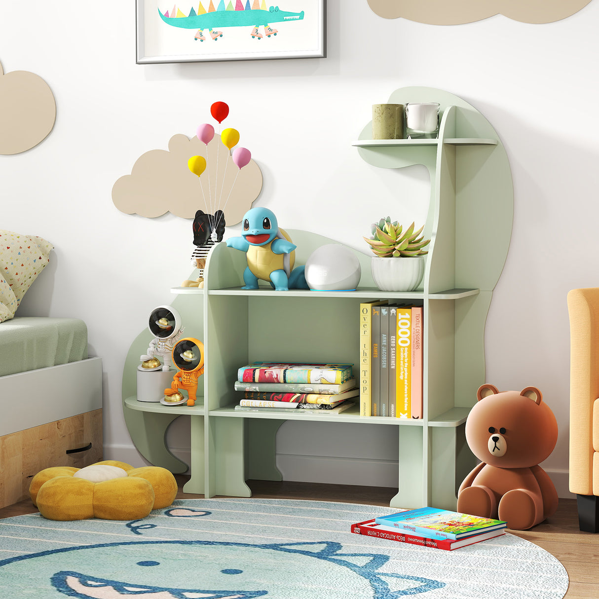3-Tier Dinosaur Kids Bookshelf for Children-Green