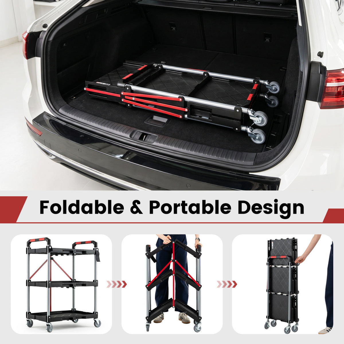 3-Tier Folding Utility Cart with Swivel Wheels and Brakes-Black