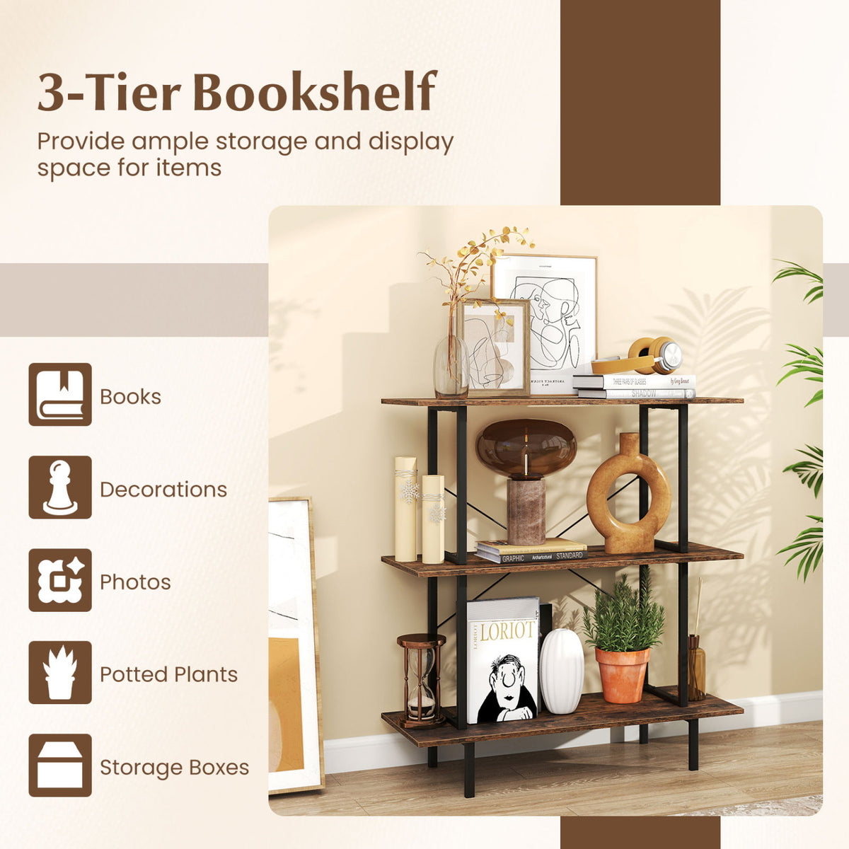 3-Tier Freestanding Bookshelf with Open Shelves and Metal Frame for Living Room-Rustic Brown