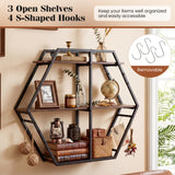 3-Tier Geometric Bookcase with S-Shaped Hooks for Living Room-Rustic Brown