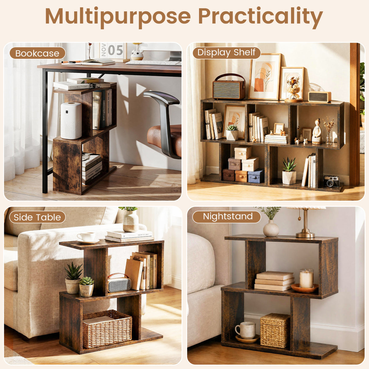 3-Tier Geometric Bookshelf Freestanding Display Shelf Side Table Set of 2