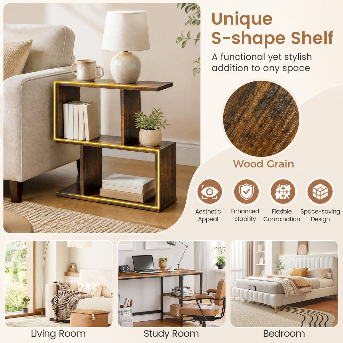 3-Tier Geometric Bookshelf Freestanding Display Shelf Side Table Set of 2