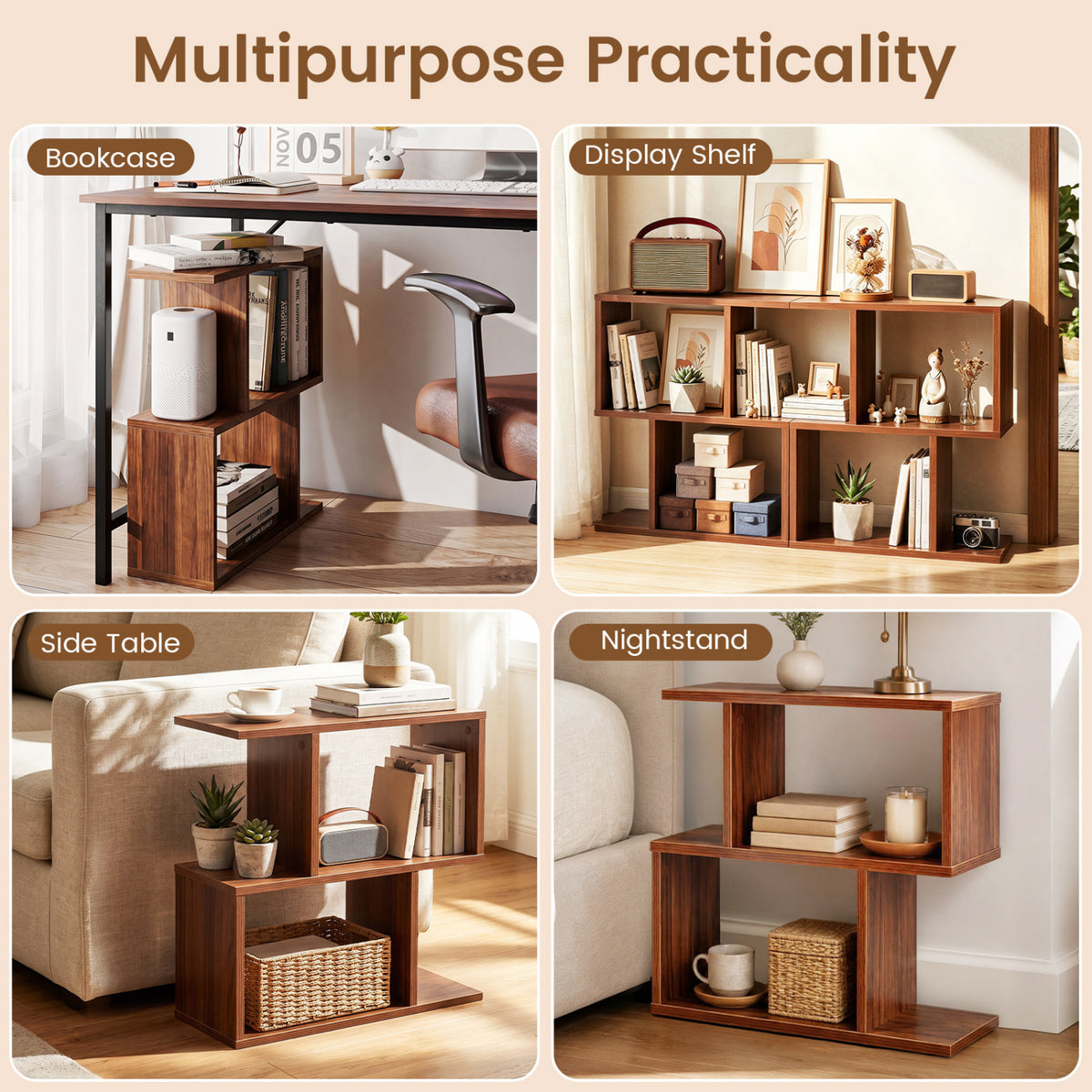 3-Tier Geometric Bookshelf Freestanding Display Shelf Side Table Set of 2