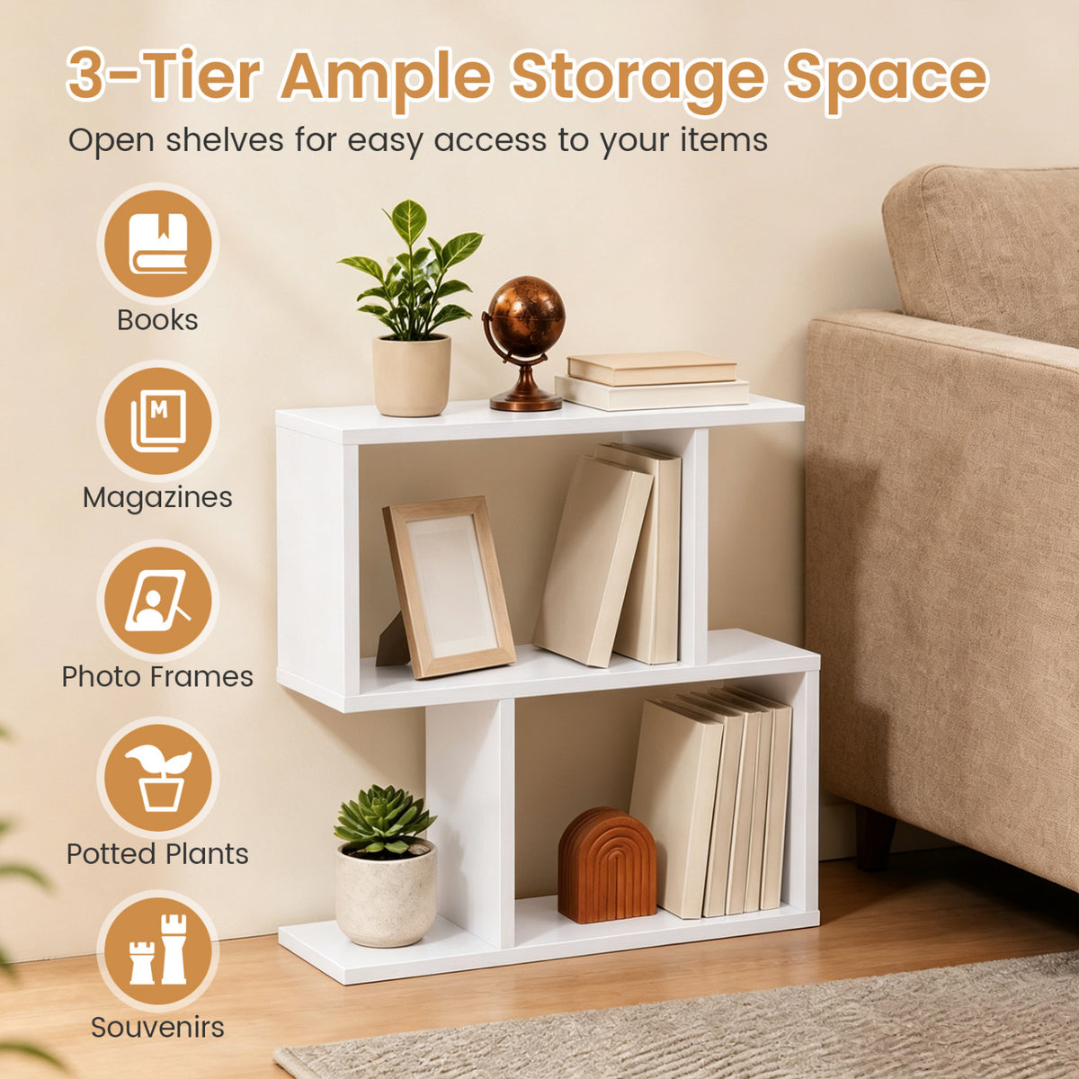 3-Tier Geometric Bookshelf Freestanding Display Shelf Side Table Set of 2
