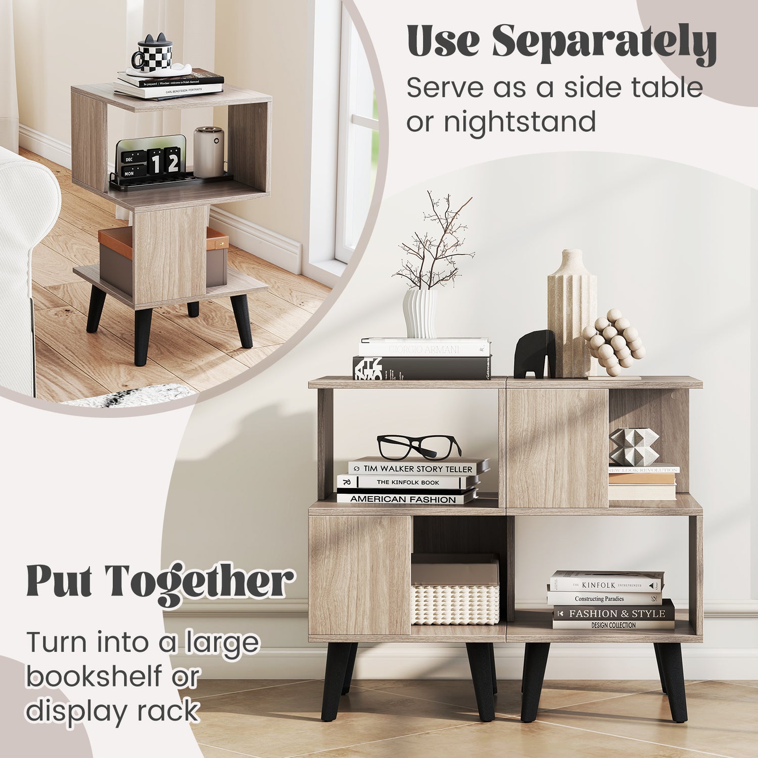 3-Tier Geometric Bookshelf Set of 2 with Open Storage Shelves