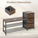 3-Tier Industrial Shoe Bench with 3 Removable Fabric Drawers and Anti-toppling Kits-Rustic Brown