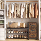 3-Tier Industrial Shoe Bench with 3 Removable Fabric Drawers and Anti-toppling Kits-Rustic Brown