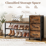 3-Tier Industrial Shoe Bench with 3 Removable Fabric Drawers and Anti-toppling Kits-Rustic Brown