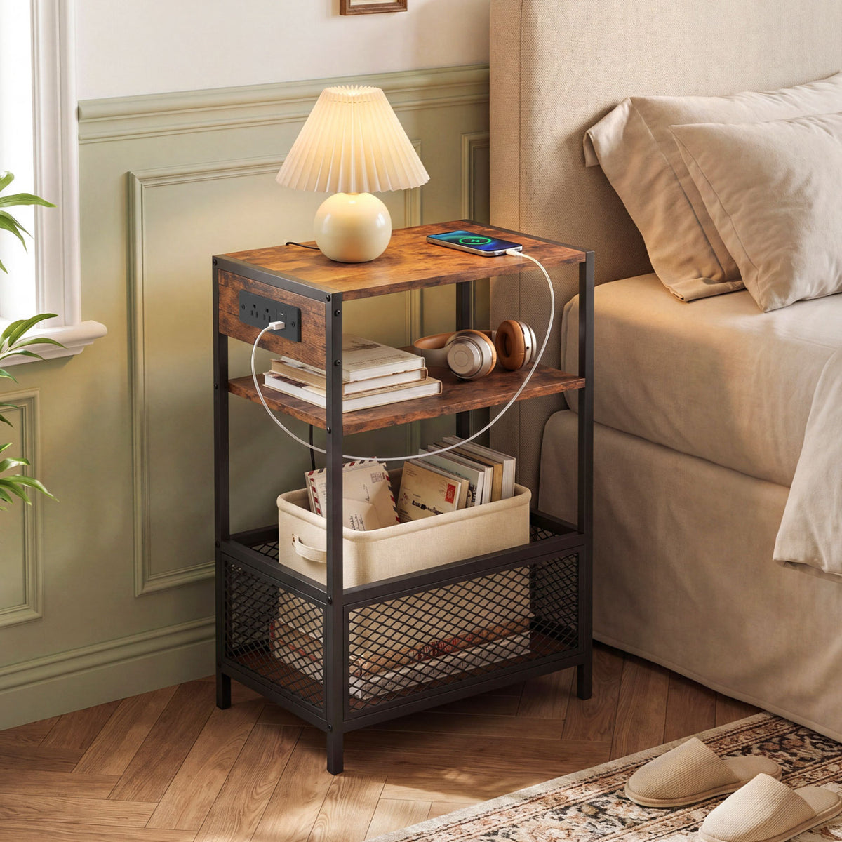 3-Tier Industrial Side Table with 2 AC Outlets and 1 Type-C Ports-Rustic Brown