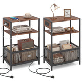3-Tier Industrial Side Table Set of 2 with 2 AC Outlets and 1 Type-C Ports-Rustic Brown