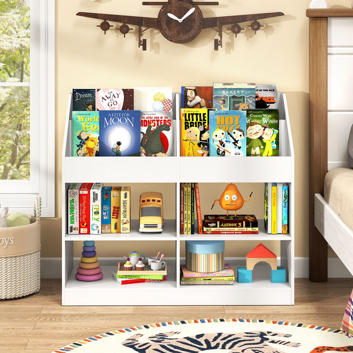 3-Tier Kid's Bookshelf Toy Storage Organizer with Display Rack and 4 Compartments-White