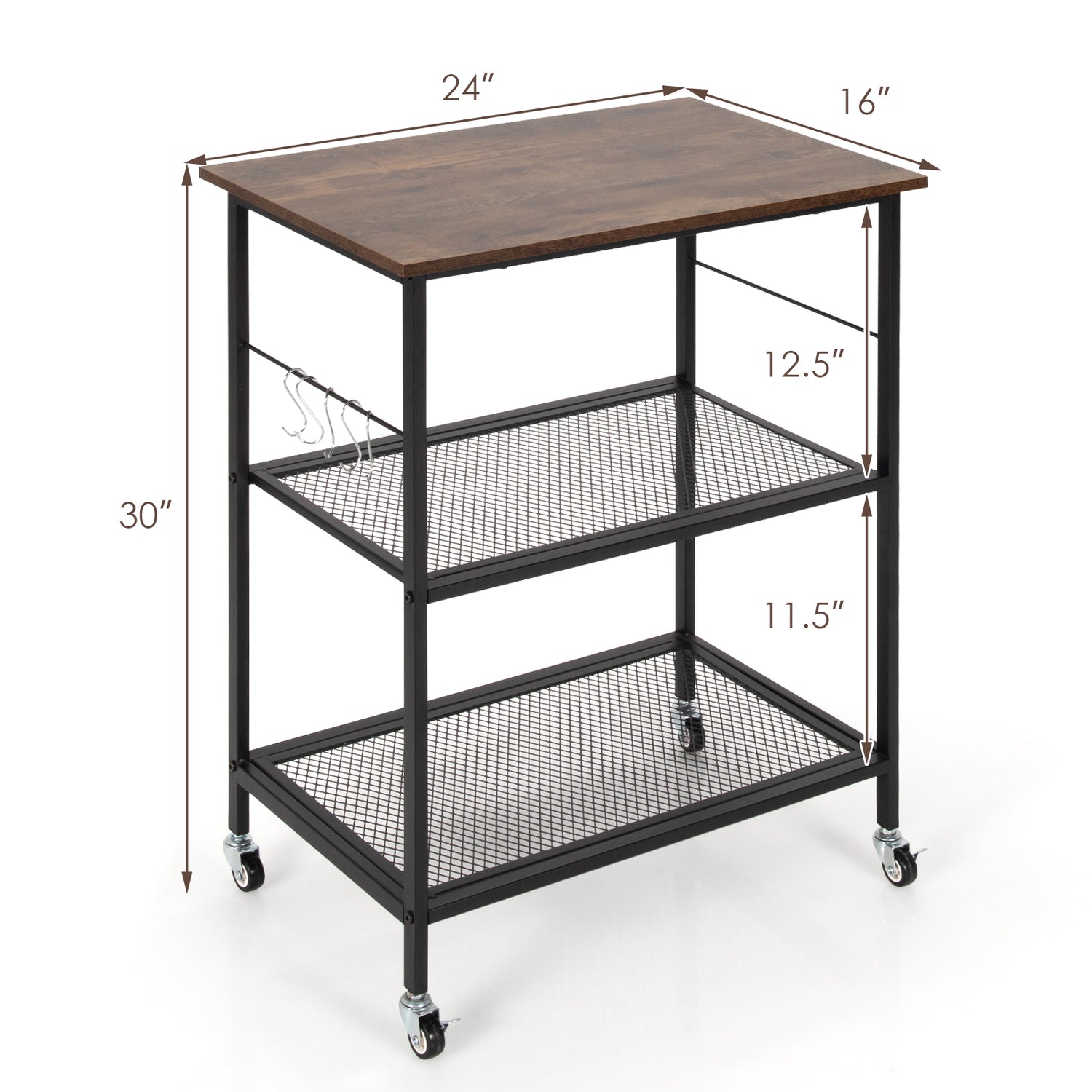 3-Tier Kitchen Utility  Industrial Cart with Storage-Brown