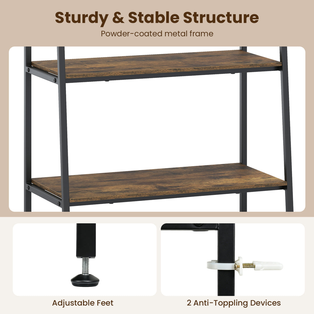 3-Tier Ladder Shelf and Corner Shelf Set with Metal Frame-Rusticbrown