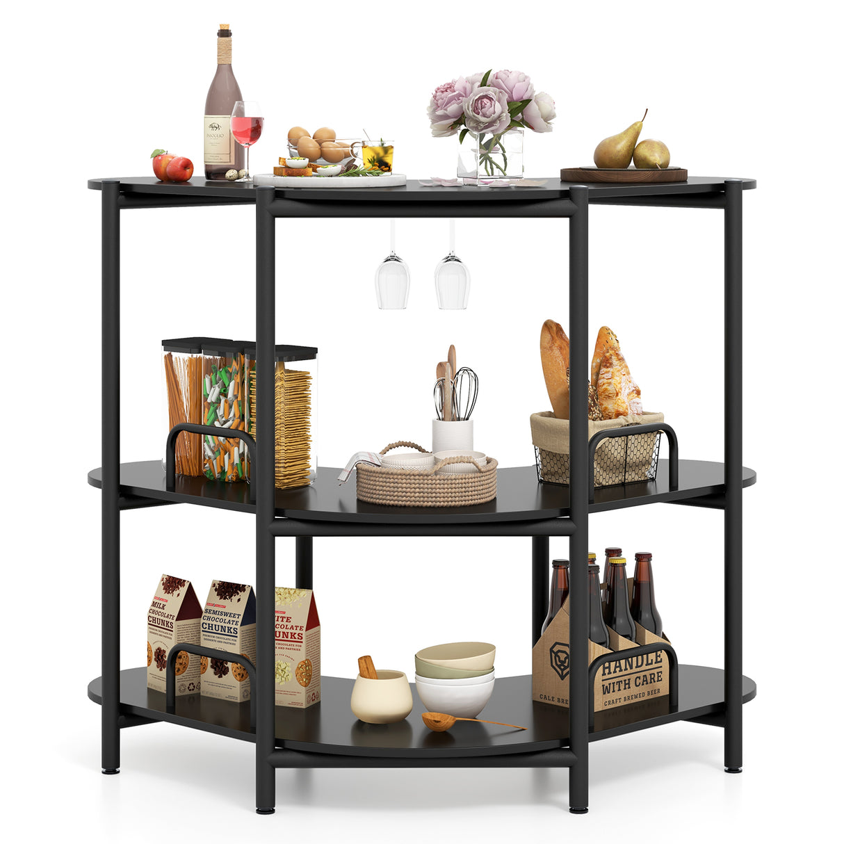 3-Tier Liquor Bar Table with Stemware Racks and Storage Shelves
