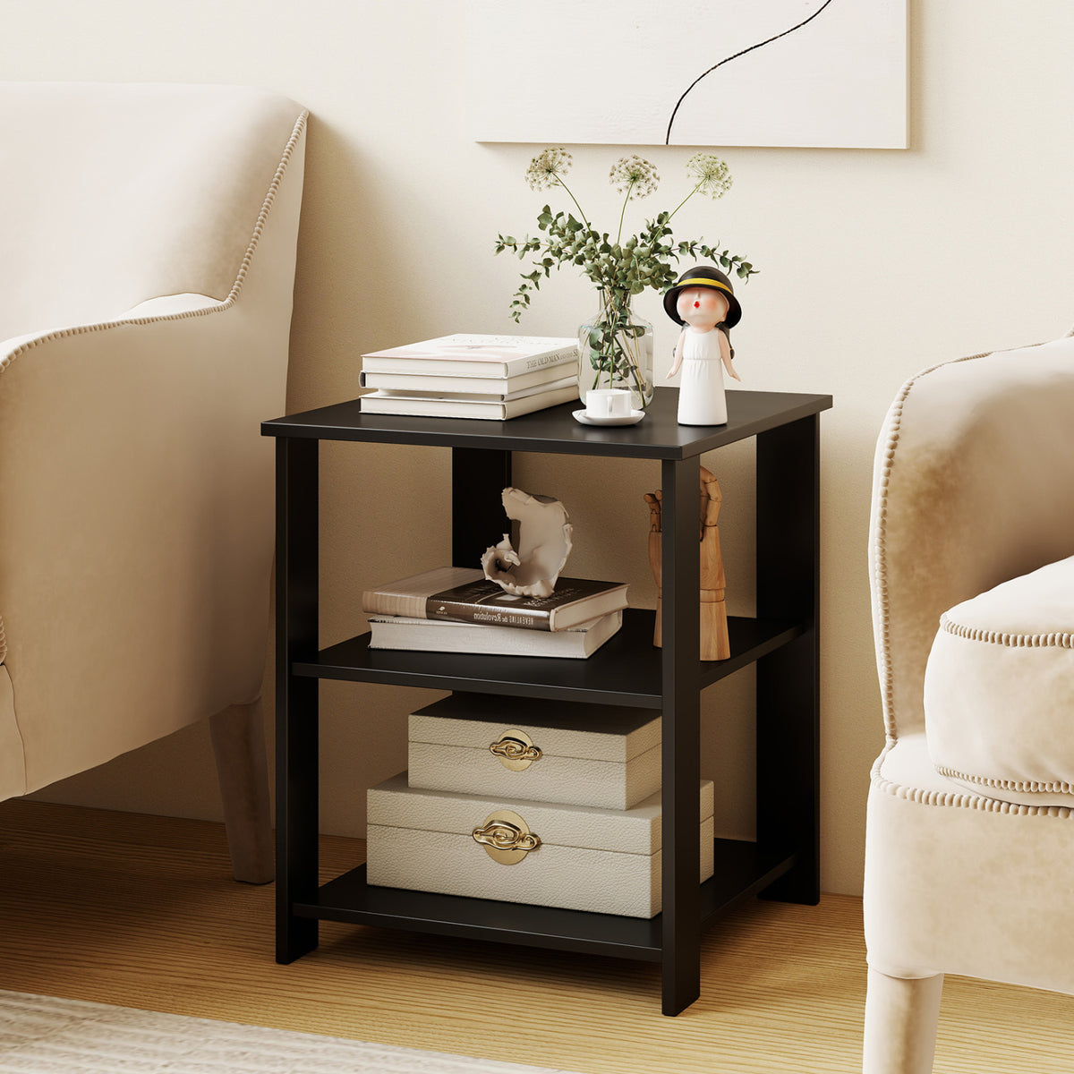 3-Tier Modern Nightstand Square Side Table with Open Storage Shelves