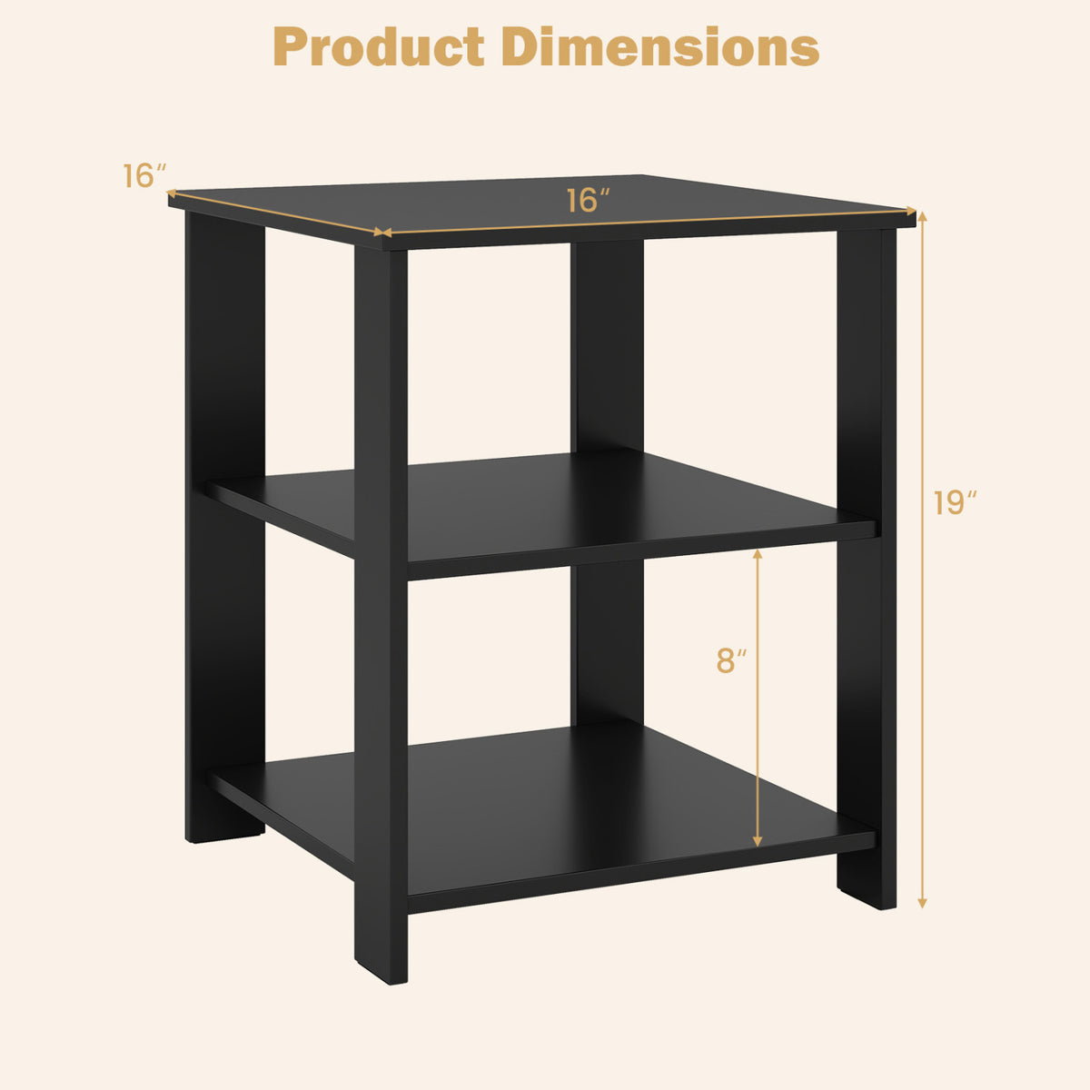 3-Tier Modern Nightstand Square Side Table with Open Storage Shelves