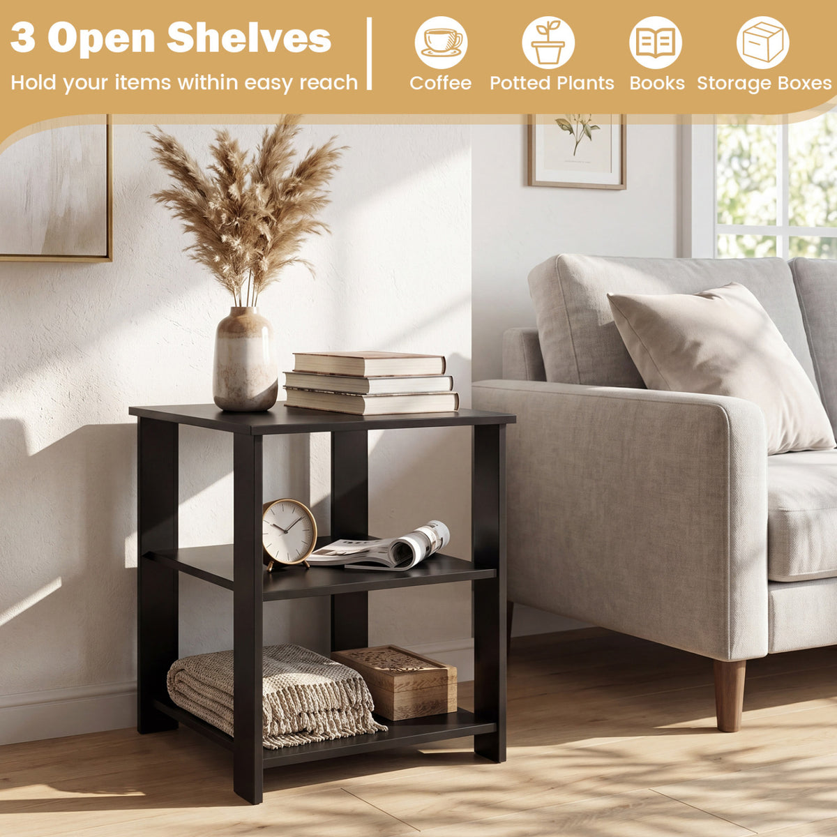 3-Tier Modern Nightstand Square Side Table with Open Storage Shelves