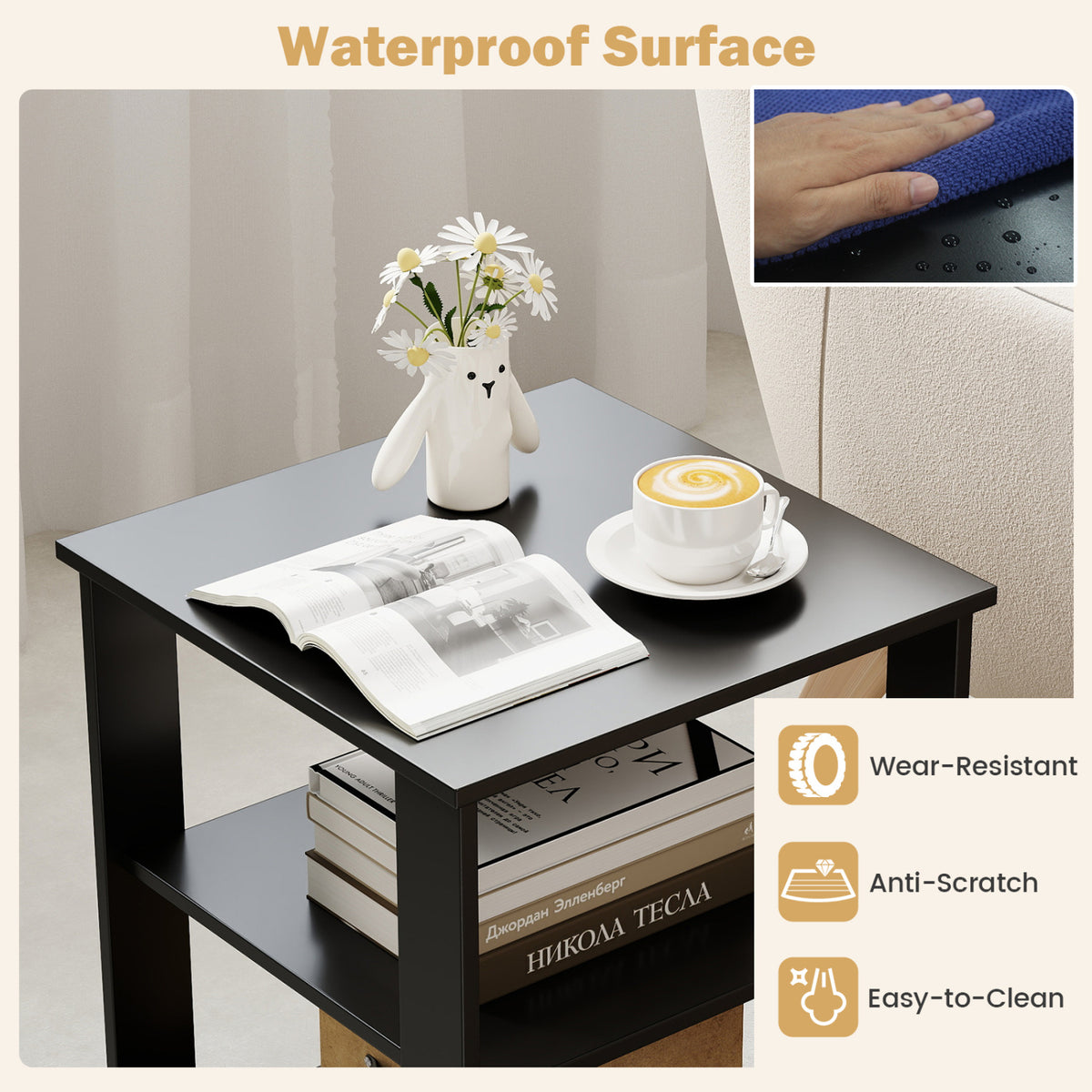 3-Tier Modern Nightstand Square Side Table with Open Storage Shelves