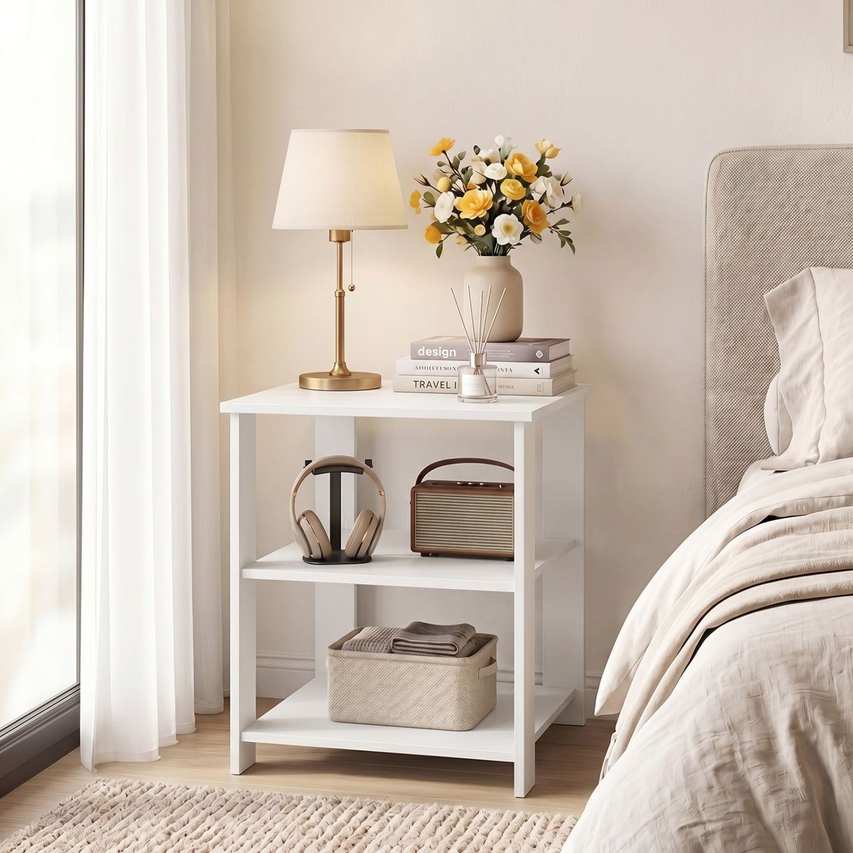 3-Tier Modern Nightstand Square Side Table with Open Storage Shelves