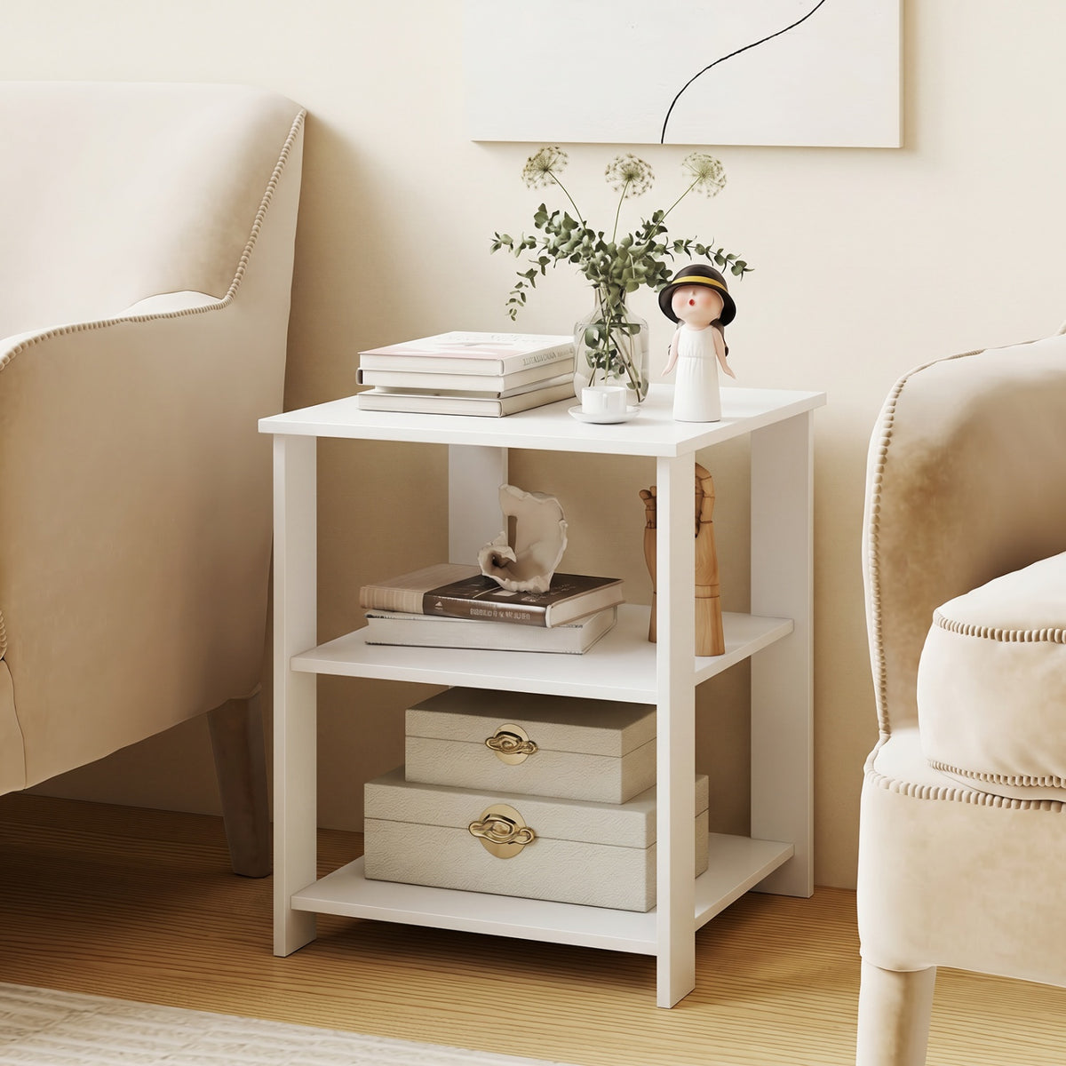 3-Tier Modern Nightstand Square Side Table with Open Storage Shelves